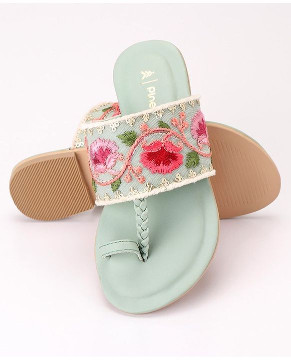 Pine Kids Ethnic Wear Chappal Floral Embroidery  - Light Green