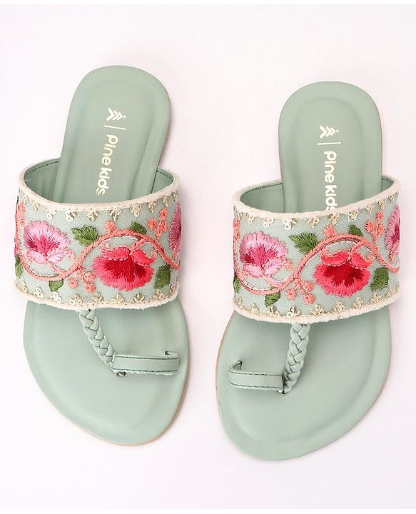 Pine Kids Ethnic Wear Chappal Floral Embroidery  - Light Green
