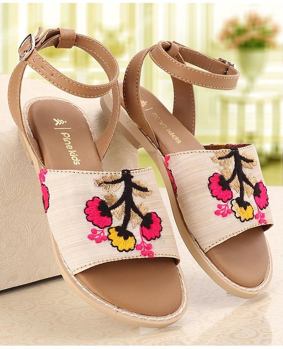 Pine Kids Ethnic Wear Sandals Floral Embroidery - Beige Brown
