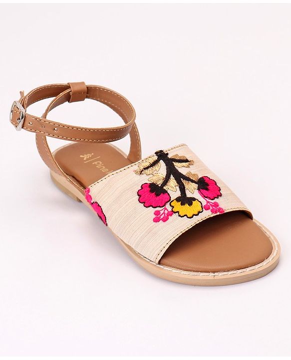 Pine Kids Ethnic Wear Sandals Floral Embroidery - Beige Brown