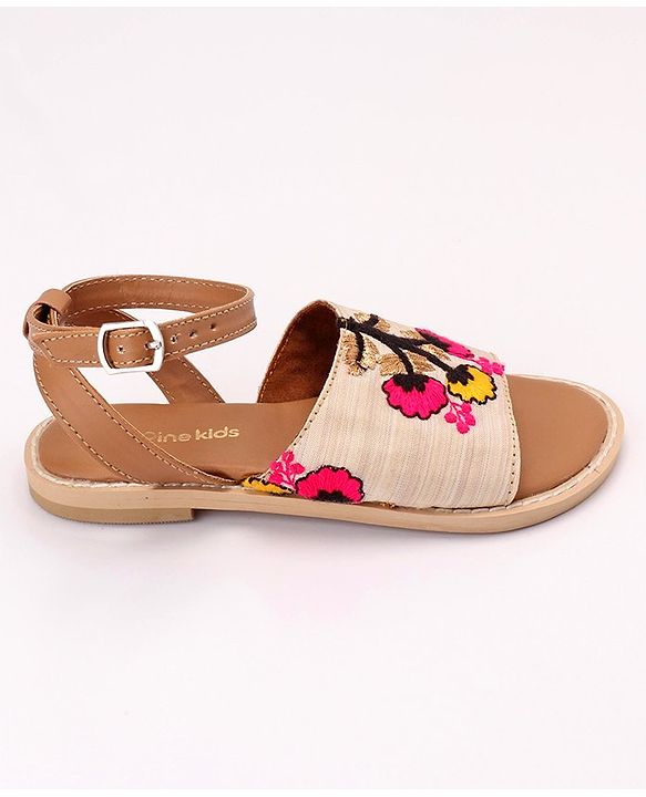 Pine Kids Ethnic Wear Sandals Floral Embroidery - Beige Brown