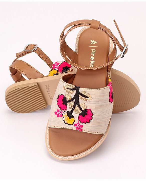 Pine Kids Ethnic Wear Sandals Floral Embroidery - Beige Brown