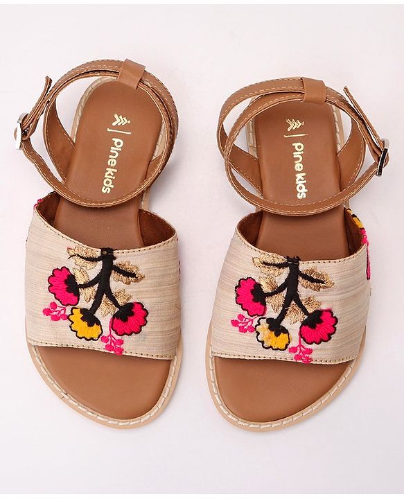 Pine Kids Ethnic Wear Sandals Floral Embroidery - Beige Brown
