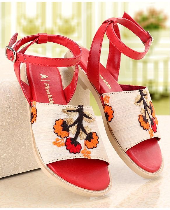 Pine Kids Ethnic Wear Sandals Floral Embroidery - Beige Brown