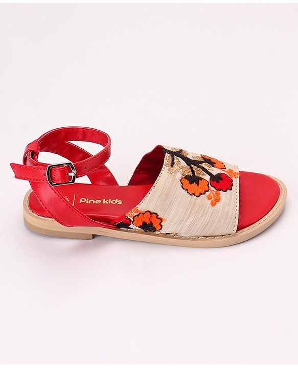 Pine Kids Ethnic Wear Sandals Floral Embroidery - Beige Brown
