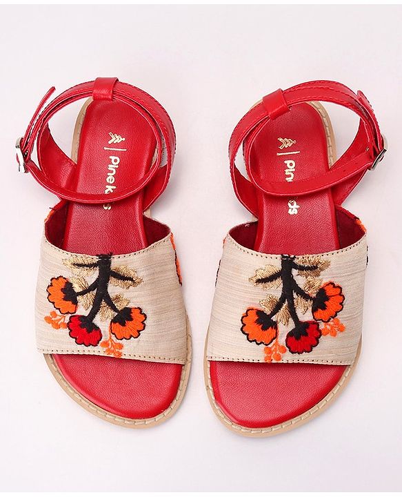 Pine Kids Ethnic Wear Sandals Floral Embroidery - Beige Brown