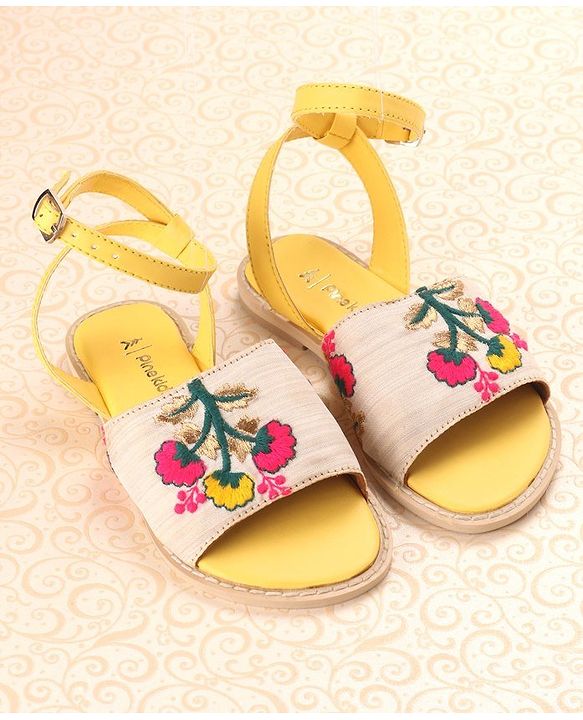 Pine Kids Ethnic Wear Sandals Floral Embroidery - Yellow