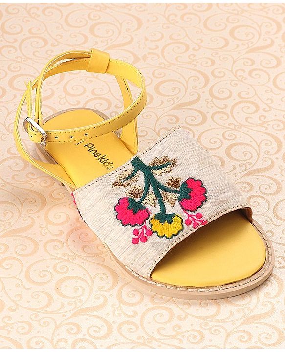Pine Kids Ethnic Wear Sandals Floral Embroidery - Yellow