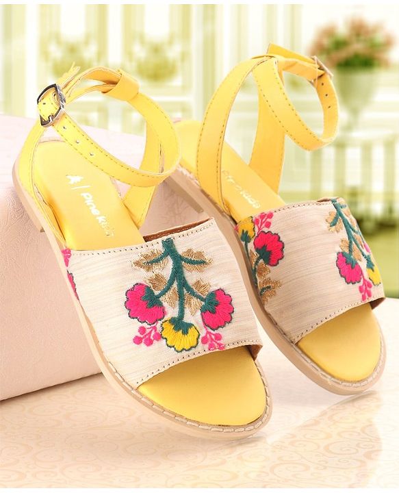 Pine Kids Ethnic Wear Sandals Floral Embroidery - Yellow