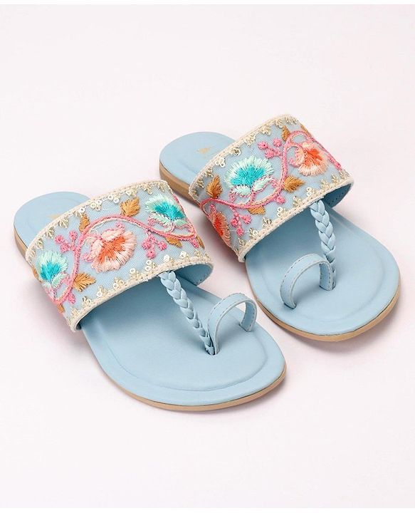 Pine Kids Ethnic Chappals Floral Embroidery - Blue