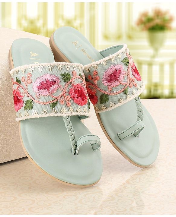 Pine Kids Ethnic Chappals Floral Embroidery - Blue