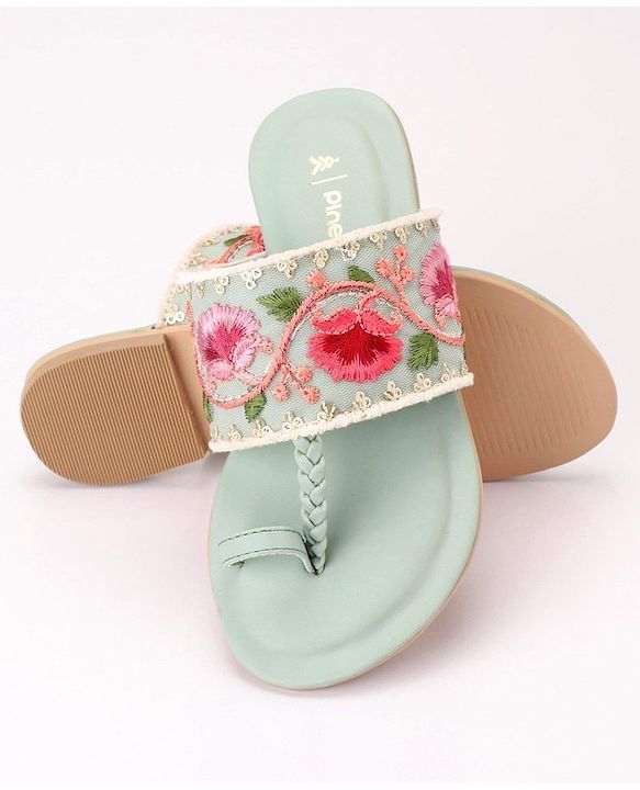 Pine Kids Ethnic Chappals Floral Embroidery - Blue