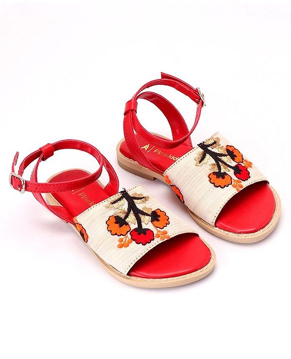 Pine Kids Ethnic Wear Sandals Floral Embroidery - Red