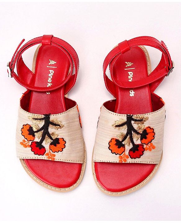 Pine Kids Ethnic Wear Sandals Floral Embroidery - Red