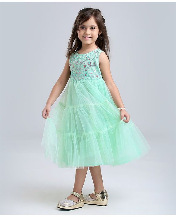 Babyhug Sleeveless Frock With Sequins - Mint Blue