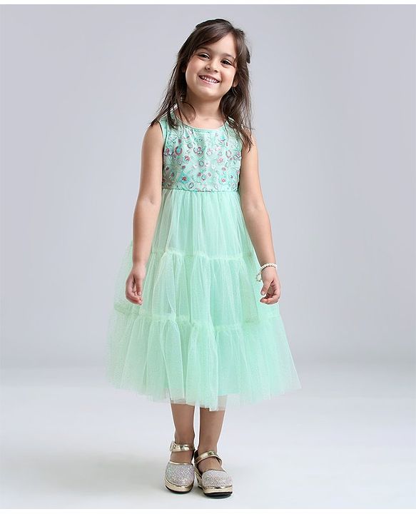 Babyhug Sleeveless Frock With Sequins - Mint Blue