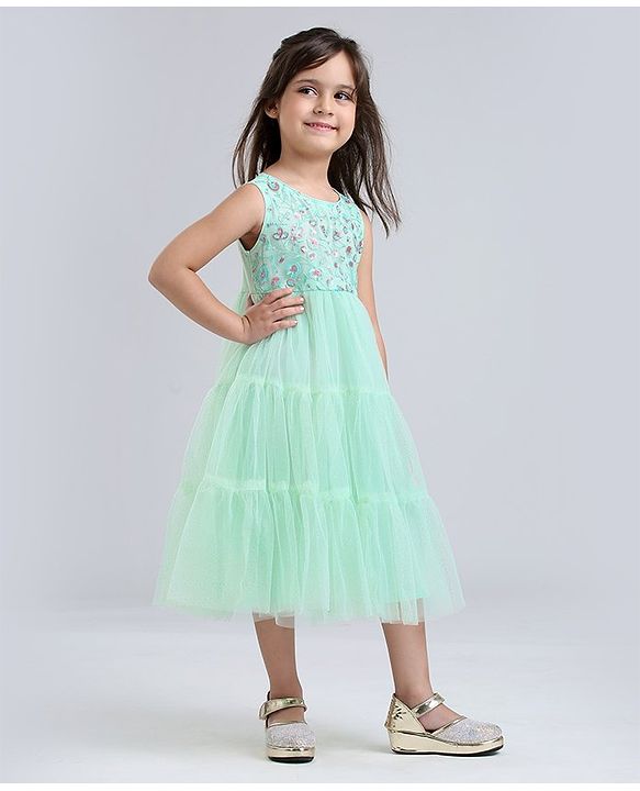 Babyhug Sleeveless Frock With Sequins - Mint Blue