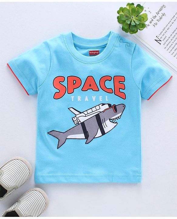 Babyhug Half Sleeves Biowashed Tee Shark Print - Blue