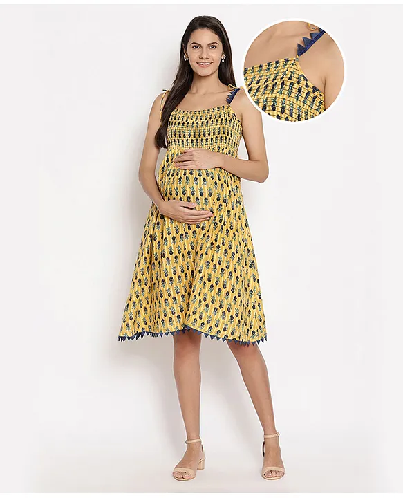 Bella Mama Singlet Sleeves Smocked Maternity Dress Floral Print Yellow Online in India Buy at Best Price from FirstCry 8852374