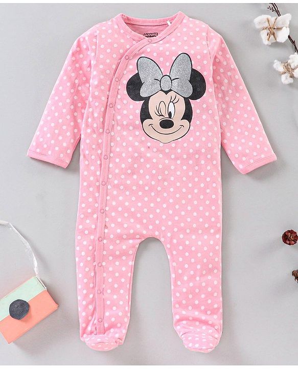 Babyhug Full Sleeves Sleep Suit Minnie Mouse Patch - Pink