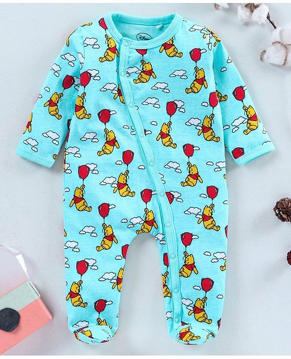 Babyhug Full Sleeves Foooted Sleepsuit Winnie The Pooh Print - Blue
