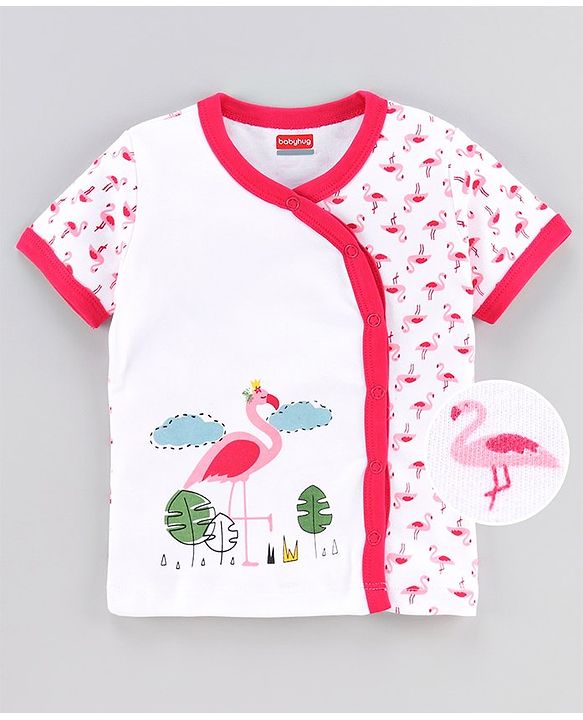 Babyhug 100%Cotton Short Sleeves Vest Flamingo Print - White Pink
