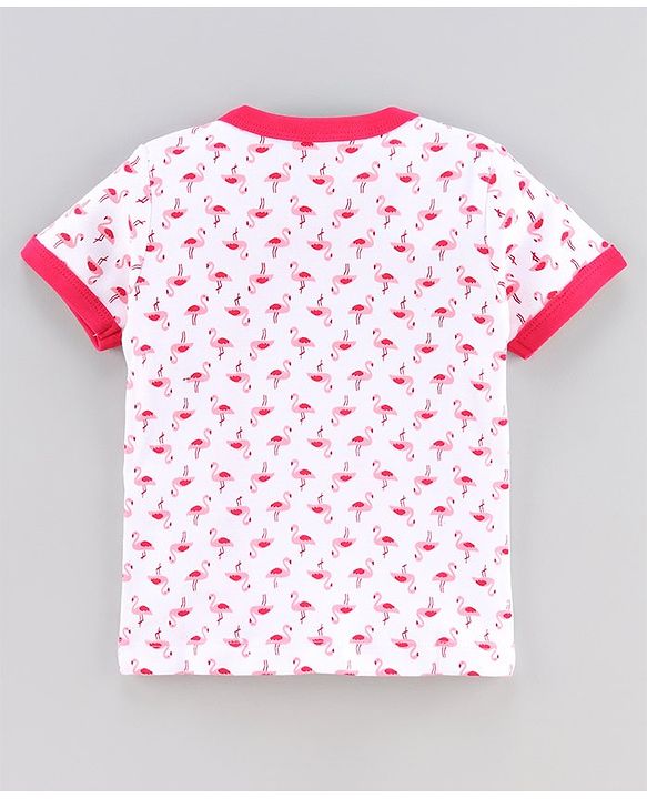 Babyhug 100%Cotton Short Sleeves Vest Flamingo Print - White Pink