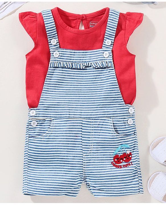 Babyhug Dungaree With Half Sleeves Inner Tee - Red & Blue