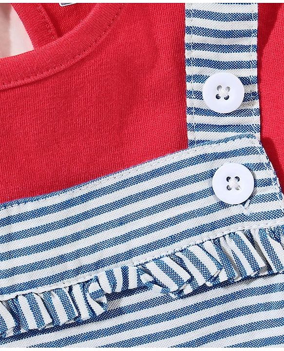 Babyhug Dungaree With Half Sleeves Inner Tee - Red & Blue