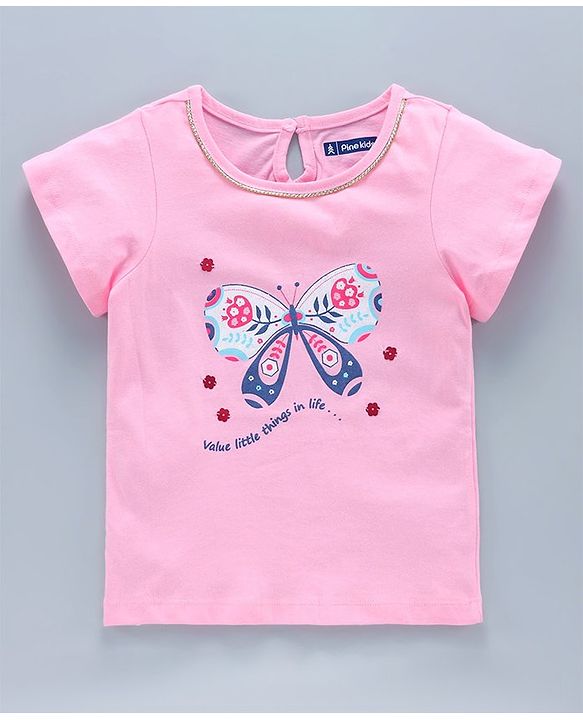 Pine Kids Half Sleeves Biowash Printed Top - Pink