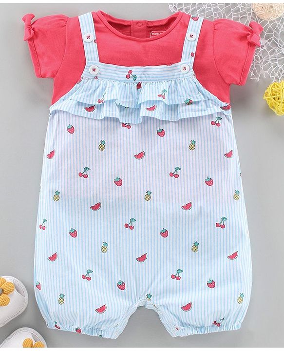 Babyhug Dungaree With Inner Top Fruits Print - Blue Pink