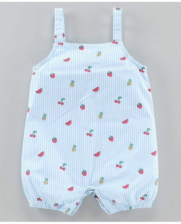 Babyhug Dungaree With Inner Top Fruits Print - Blue Pink
