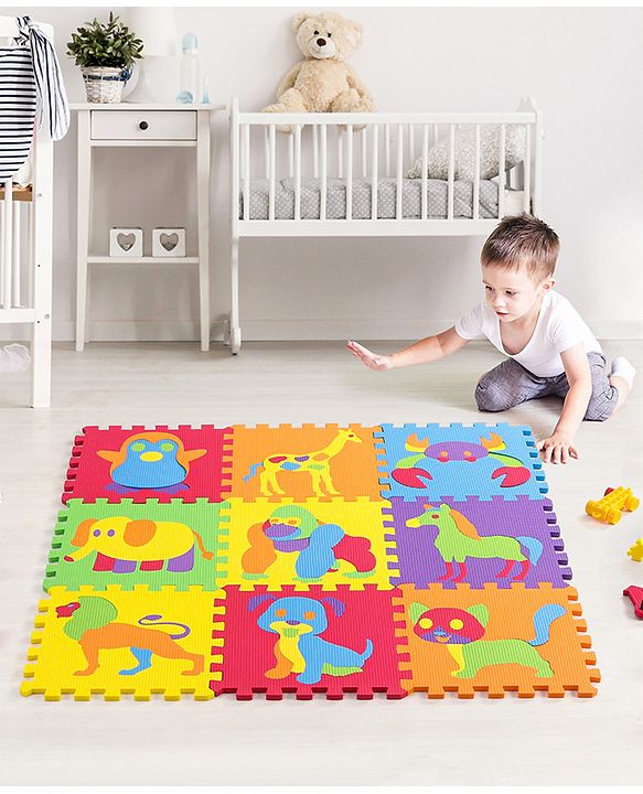 Babyhug Premium Pop Out Interlocking Animal Floor Puzzle Playmat (95cm * 95cm)- 9 Jumbo Pieces| Eva Soft Colorful Kids Floor mat - Thickness 1 cm| BIS Certified| 6 months+| Colors may vary