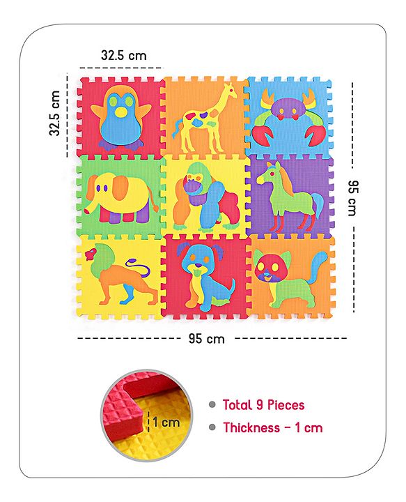 Babyhug Premium Pop Out Interlocking Animal Floor Puzzle Playmat (95cm * 95cm)- 9 Jumbo Pieces| Eva Soft Colorful Kids Floor mat - Thickness 1 cm| BIS Certified| 6 months+| Colors may vary