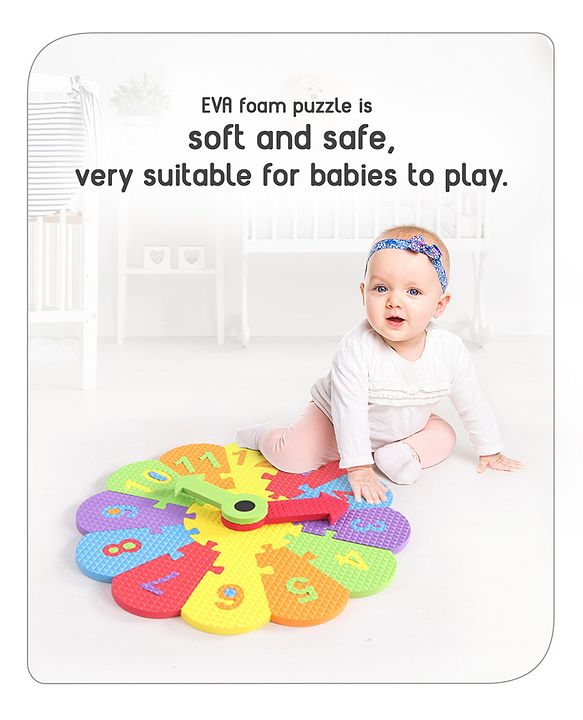 Babyhug Premium EVA Foam Fun Clock Puzzle 1-12 Pieces| Montessori Learning Eva Soft Colorful Toy - Thickness 1 cm| BIS Certified| 2 Years+| Colors may vary