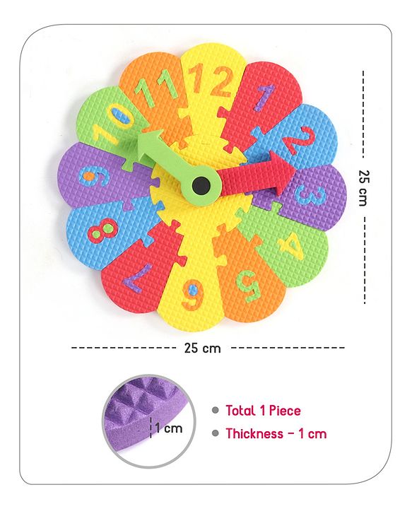 Babyhug Premium EVA Foam Fun Clock Puzzle 1-12 Pieces| Montessori Learning Eva Soft Colorful Toy - Thickness 1 cm| BIS Certified| 2 Years+| Colors may vary