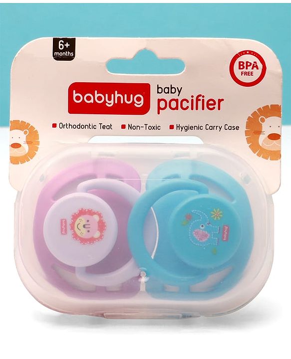 Babyhug BPA Free Pacifiers in PP Case with Animal Print Pack of 2 - Blue & Purple