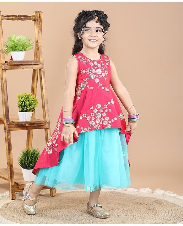 Babyhug Sleeveless Floral Print Ethnic Dress - Pink
