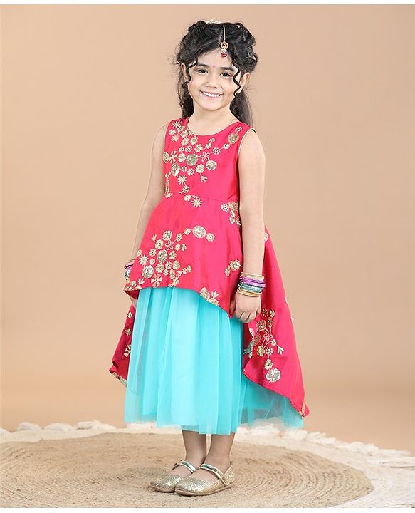 Babyhug Sleeveless Floral Print Ethnic Dress - Pink