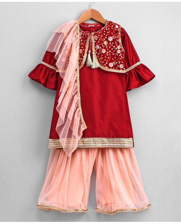 Babyhug Full Sleeves Kurta Sharara with Jacket & Dupatta Set - Maroon Peach
