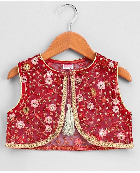Babyhug Full Sleeves Kurta Sharara with Jacket & Dupatta Set - Maroon Peach