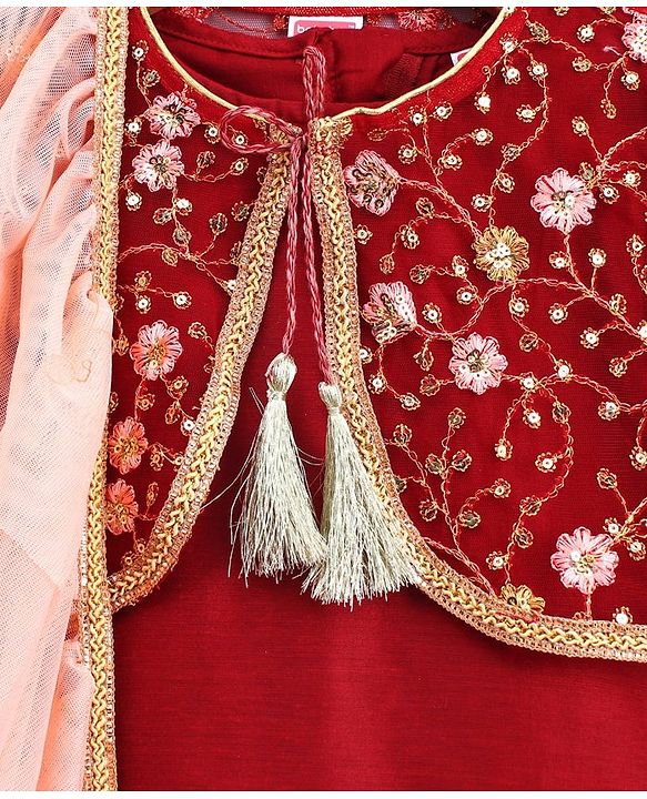 Babyhug Full Sleeves Kurta Sharara with Jacket & Dupatta Set - Maroon Peach