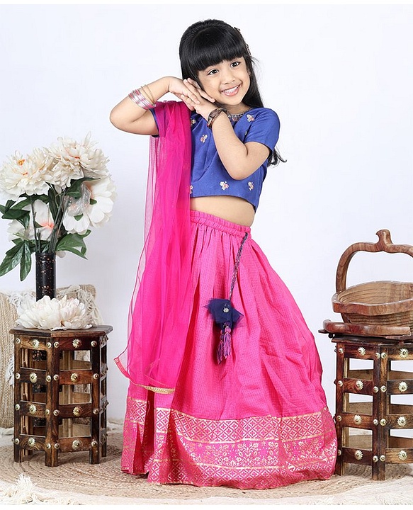 Babyhug Half Sleeves Choli Lehenga With Dupatta - Blue Fuschia