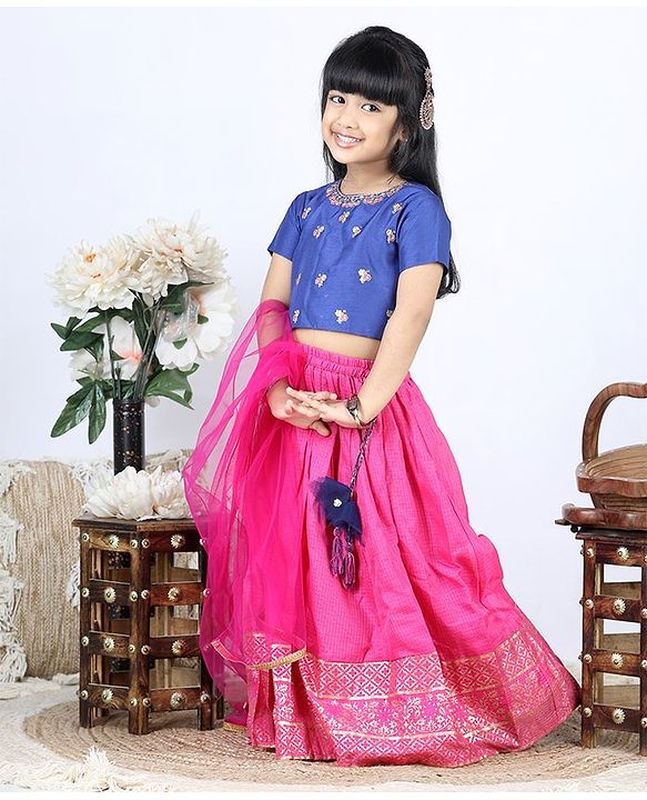Babyhug Half Sleeves Choli Lehenga With Dupatta - Blue Fuschia