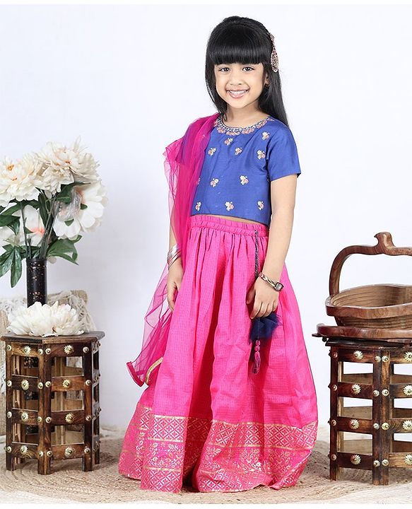 Babyhug Half Sleeves Choli Lehenga With Dupatta - Blue Fuschia