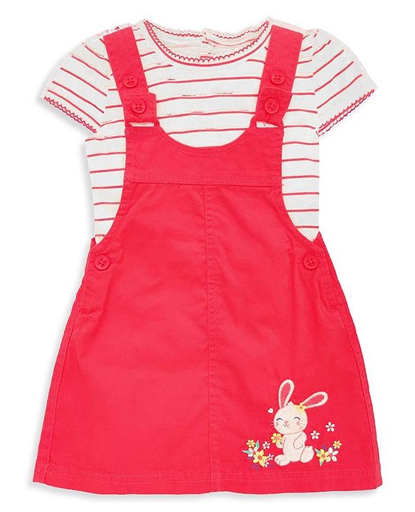 Babyhug Embroidered Frock with Cap Sleeves Striped Inner Tee - Red