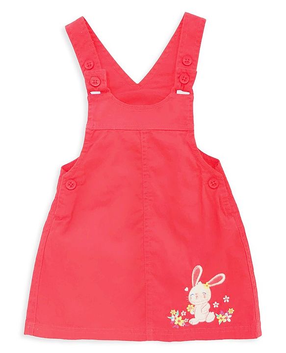 Babyhug Embroidered Frock with Cap Sleeves Striped Inner Tee - Red