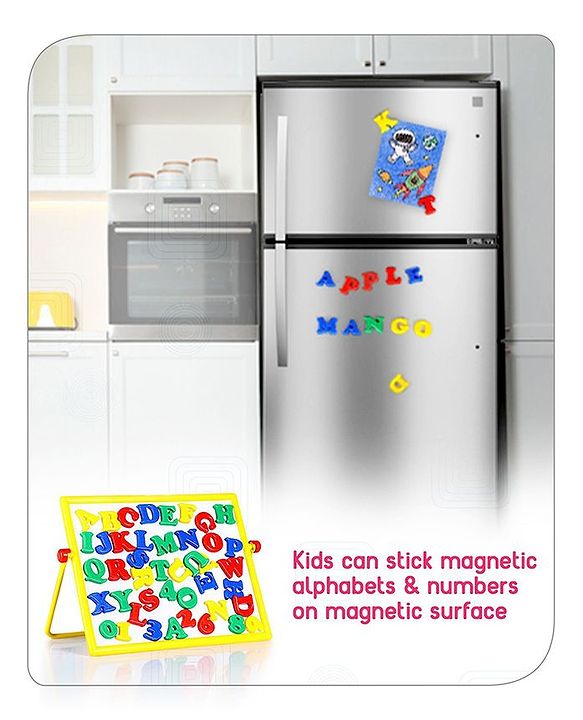 Babyhug 2 in 1  Magnetic Letters and Numbers Learning & Writing Board with Duster & Chalk 49 pieces- Multicolour
