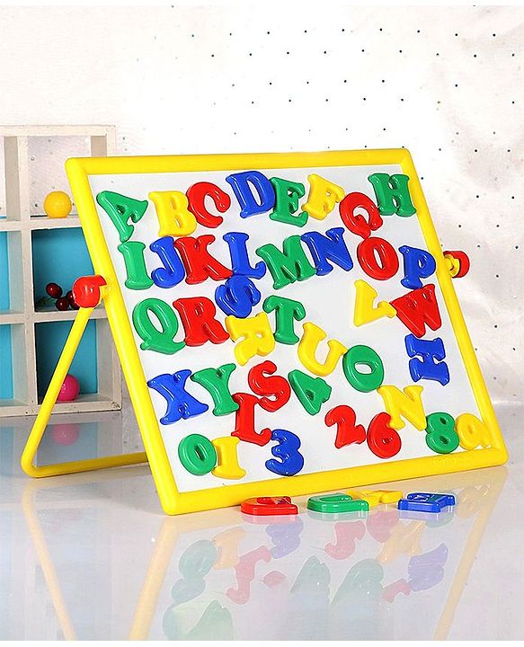 Babyhug 2 in 1  Magnetic Letters and Numbers Learning & Writing Board with Duster & Chalk 49 pieces- Multicolour