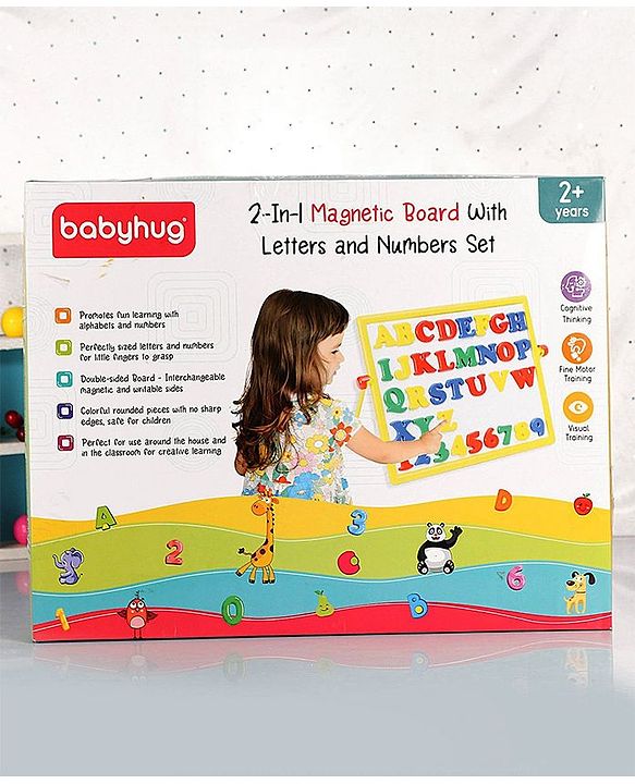 Babyhug 2 in 1  Magnetic Letters and Numbers Learning & Writing Board with Duster & Chalk 49 pieces- Multicolour